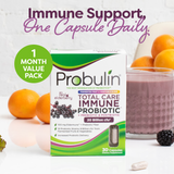 Total Care Immune Probiotic 1-month value pack shown with healthy fruit, highlighting probiotics for immune support in a one-capsule-daily dose.