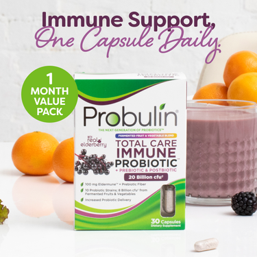 Total Care Immune Probiotic 1-month value pack shown with healthy fruit, highlighting probiotics for immune support in a one-capsule-daily dose.