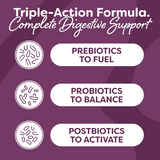 Visual breakdown of the Prebiotic, Probiotic, and Postbiotic "Triple-Action" system used to help probiotics support the immune system.