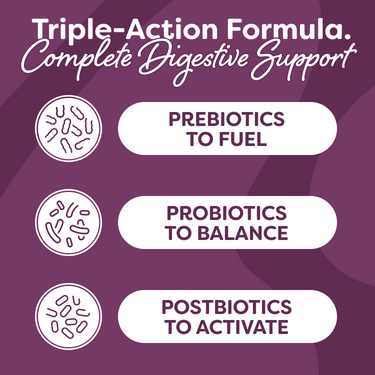 Visual breakdown of the Prebiotic, Probiotic, and Postbiotic "Triple-Action" system used to help probiotics support the immune system.