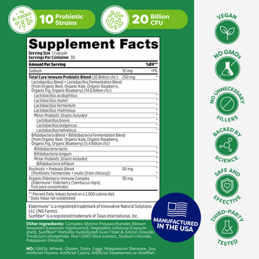 Official supplement facts for this immune support probiotic, detailing the 20 billion CFU and 10 unique strains of probiotics included.