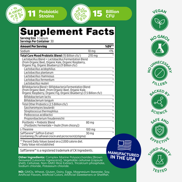 Official supplement facts for Probulin Mood, featuring 15 billion CFU and a fermentation blend of organic fruits and vegetables.