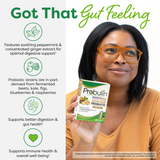 A woman holding Probulin Soothe, demonstrating the daily support for gut health and immune system well-being.