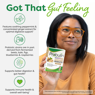 A woman holding Probulin Soothe, demonstrating the daily support for gut health and immune system well-being.