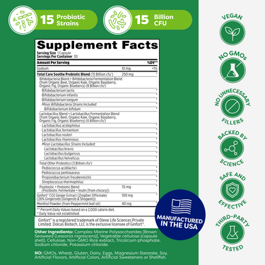 Complete list of 15 probiotic strains and herbal concentrates in Probulin Soothe designed for optimal digestive balance.