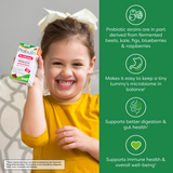 Infographic showing the 3-in-1 blend of prebiotics, probiotics, and postbiotics in this probiotic for kids.