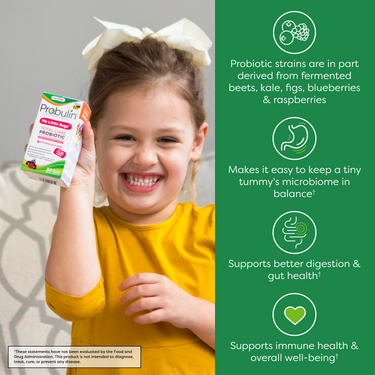 Infographic showing the 3-in-1 blend of prebiotics, probiotics, and postbiotics in this probiotic for kids.