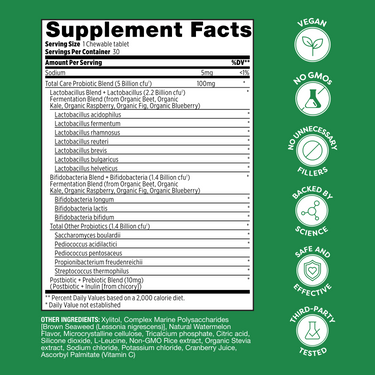 Official supplement facts for My Little Bugs, highlighting 5 billion CFU and a sugar-free formula for probiotic kids.