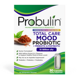 Probulin Total Care Mood Probiotic 30-count capsules, a targeted mood probiotic with Saffron and L-Theanine for stress support.