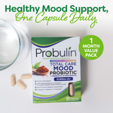 Probulin Total Care Mood Probiotic packaging with capsules and water on a white background