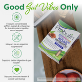 Probulin Total Care Mood Probiotic packaging on a wooden surface with product benefits listed.